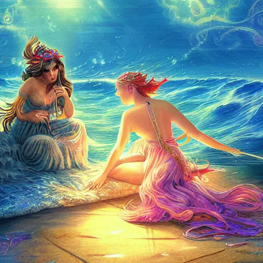 Prompt: musical sea goddess lulling pirates to sleep, beautiful composition, wide angle, colorful, cinematic, volumetric lighting, intricate details painting