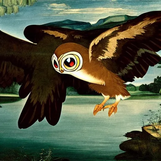 Prompt: Pokemon Noctowl flying above a lake painted by Caravaggio. High quality.