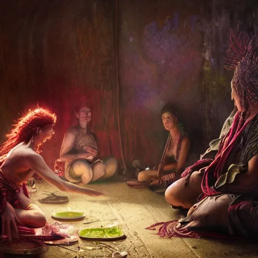 Prompt: grandma, ayahuasca ceremony, indoor organic shaman studio, red vines, serenity, spectral feel, octane render, photoreal, gaston bussiere, greg rutkowski, yoji shinkawa, yoshitaka amano, tsutomu nihei, donato giancola, tim hildebrandt, featured on pixiv, cinematic composition, extreme detail