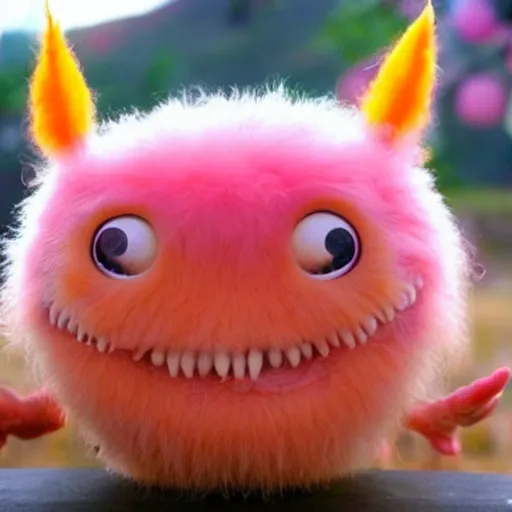 Image similar to an alien with a face that looks like a fuzzy peach the peach is fuzzy pink warm and ripe the alien has horns and a mean smile, 4k, highly detailed, high quality, amazing, high particle effects, glowing, majestic, soft lighting