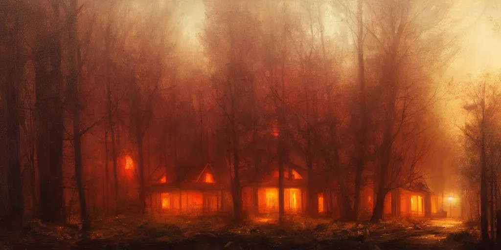 Prompt: an old house with red light on from the windows during the night in a forest, mystical fog, oil on canvas, details, a desert road next to the house, art by andreas achenbach and alena aenami