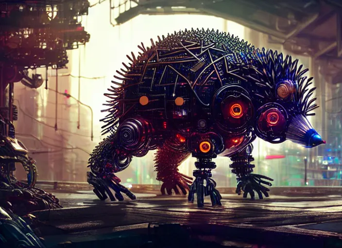 Prompt: giant intricate mechanical hedgehog with cybernetic enhancements and visible gears, on the background of a weird magical mechanical forest. Very detailed 8k. Fantasy cyberpunk horror. Sharp. Cinematic post-processing. Unreal engine. Nanite. Ray tracing. Parallax. Tessellation