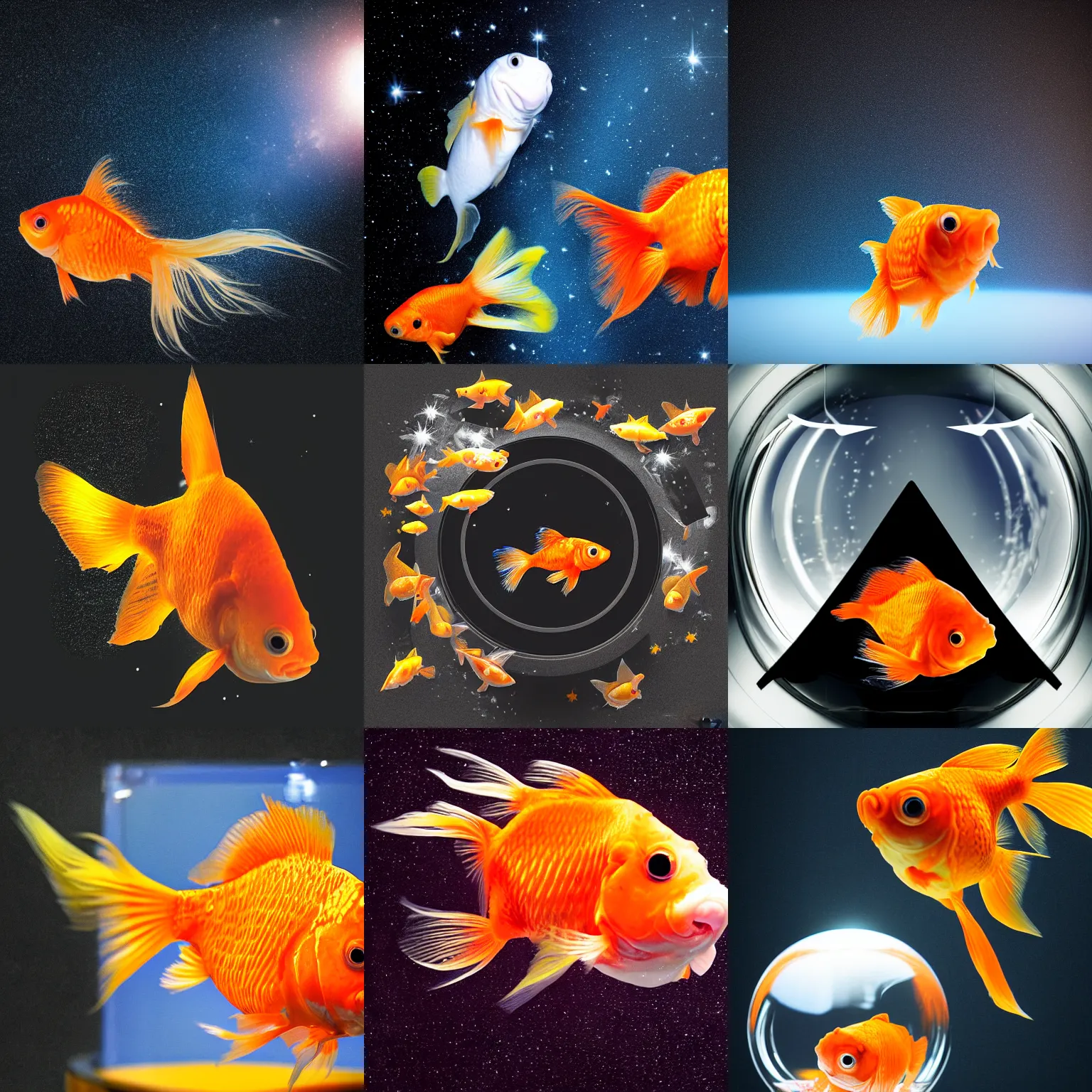 Prompt: a goldfish in a space suite, realistic photograph, black background