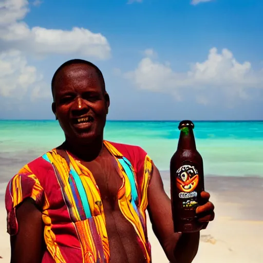 Image similar to bang man drinking bongo beer on tanzania on bongo beach dancing to bongo music Africa bongo people and love, realistic photo, surreal place