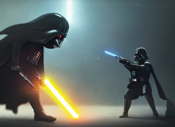 Image similar to a Photorealistic dramatic hyperrealistic render of darth vader with lightsaber drawn facing off against a cute corgi in battle, futuristic star wars vibe, by WLOP and Artgerm and Greg Rutkowski and Alphonse Mucha, Beautiful dynamic dramatic dark moody lighting, shadows, cinematic atmosphere, Artstation, concept design art, Octane render, 8K, masterpiece