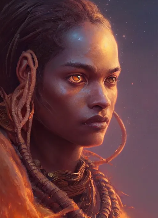 Image similar to highly detailed portrait of protagonist from elden ring, brown skin, adventure game, d & d, fantasy art by greg rutkowski, stanley artgerm, loish, rhads, tom bagshaw, global illumination, radiant light, detailed and intricate environment