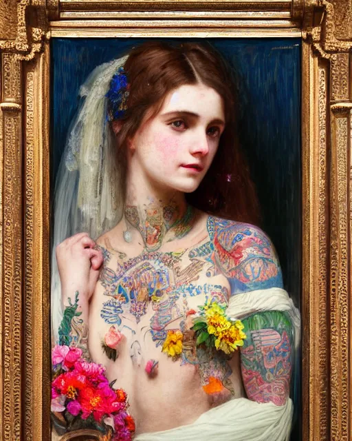 Image similar to a beautiful girl in a wedding dress with colourful tattoos surrounded by colourful flowers orientalist intricate portrait by john william waterhouse and edwin longsden long and theodore ralli and nasreddine dinet, oil on canvas. cinematic, hyper realism, dramatic lighting, high detail 8 k