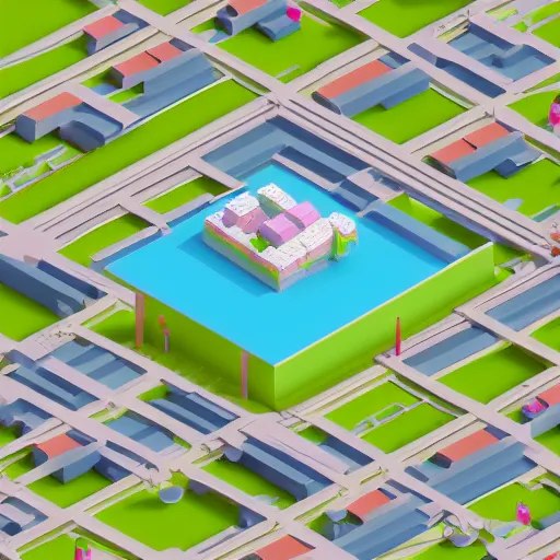 Prompt: tiny square isometric city, pastel colours, voxel, vray render, highly detailed