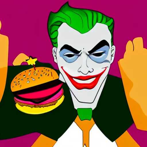 Image similar to the joker eating a crazy hamburger for the first time in his life