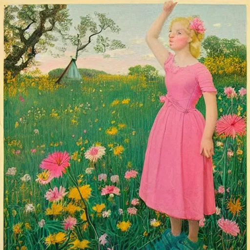 Prompt: A painting of a young girl with blonde hair, blue eyes, and a pink dress. She is standing in a meadow with flowers and trees. mac and cheese, fire, DayGlo pink by Paul Gustave Fischer, by Pieter Claesz, by Hope Gangloff