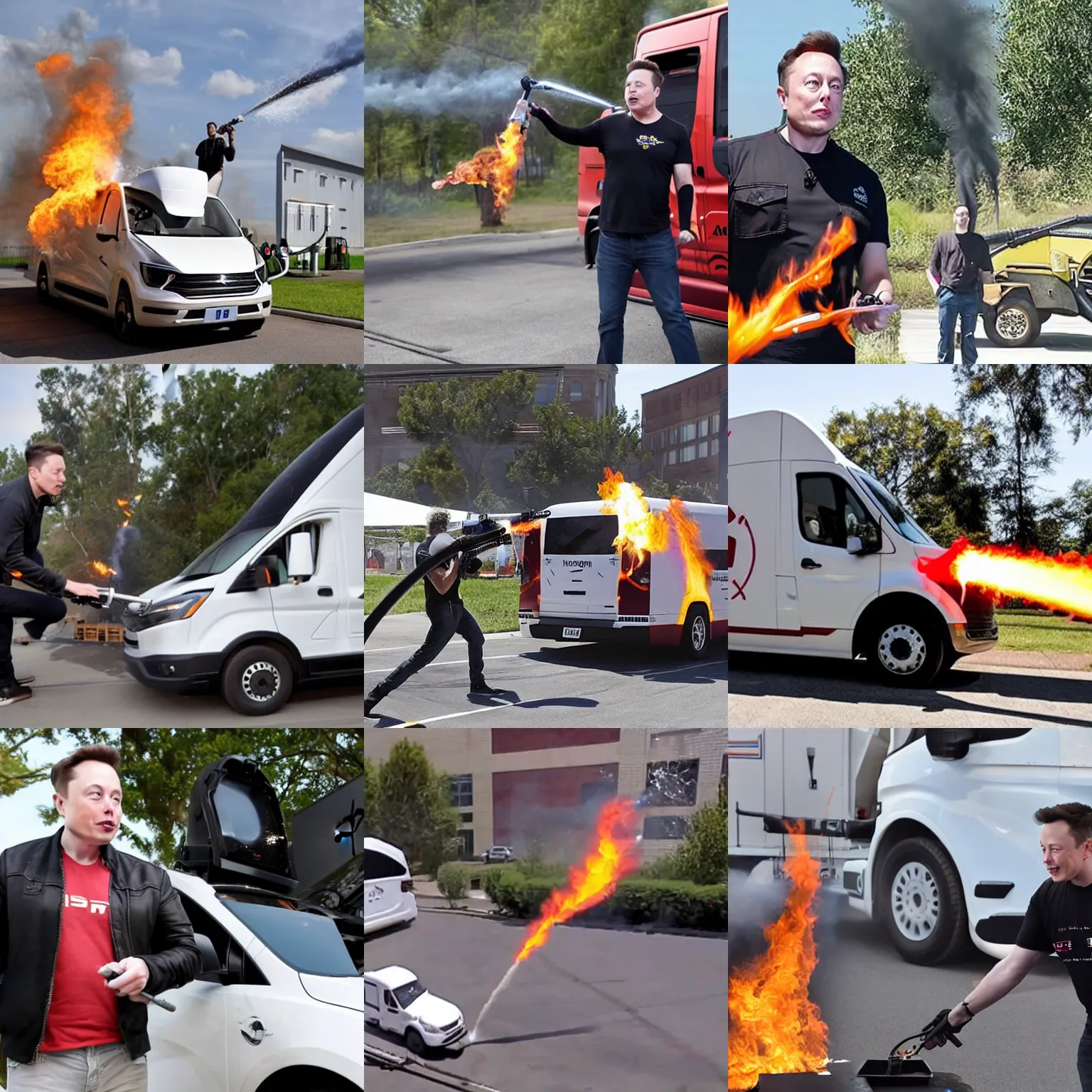 Prompt: elon musk using a flamethrower to torch an amazon van