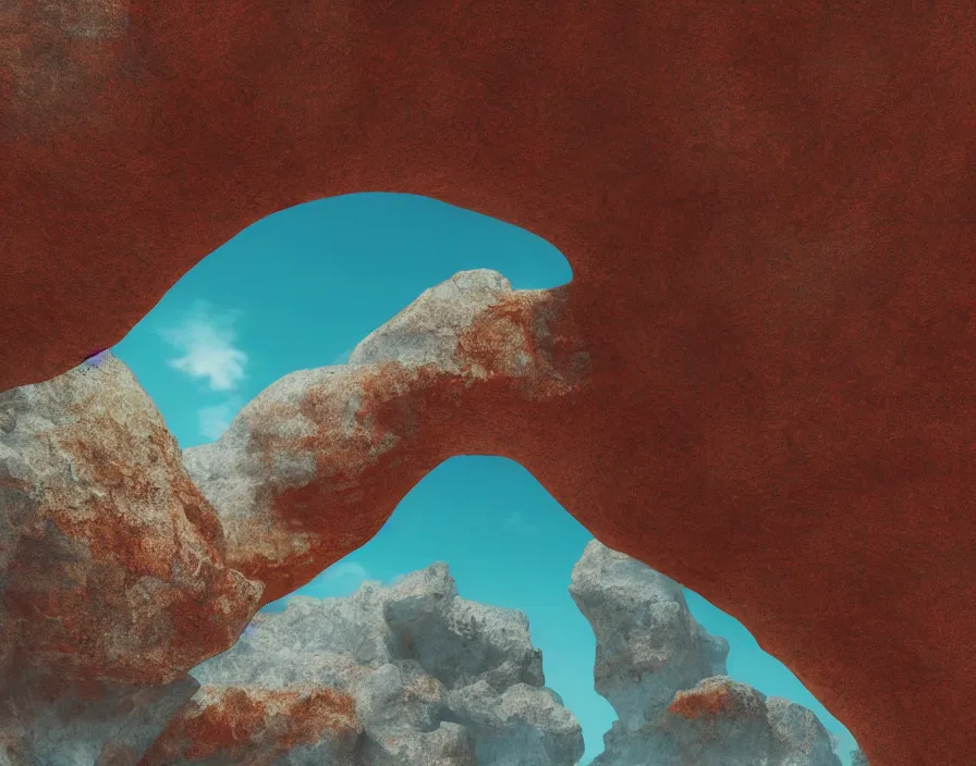 Prompt: hight detailed rock grotto in a minimalist architectural portal, sky background. vogue magazine. halo. octane rendering, cinematic, hyperrealism, octane rendering, 8 k, depth of field, bokeh. iridescent accents. vibrant. teal gold and red color scheme
