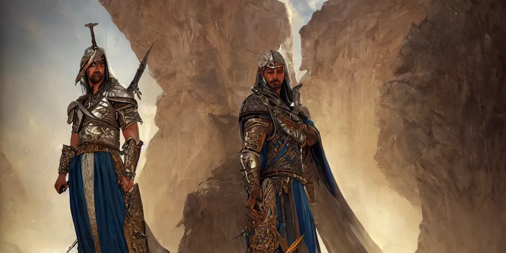 Image similar to arabian witcher, new costume concept design with metal sholders and ornaments on the armor, oriental armor style, arabic, fashion, colors with gold and dark blue, concept art, by artgerm, greg rutkowski, cinematic light, featured on artstation, octane render, sharp focus, ray tracing, artstationhq, cgsociety, 8 k.