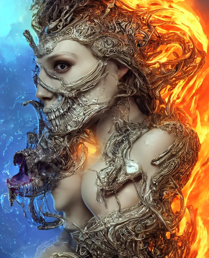 Image similar to close-up macro portrait of the face of a beautiful princess with animal skull mask, epic angle and pose, symmetrical artwork, 3d with depth of field, blurred background, cybernetic jellyfish female face skull phoenix bird, translucent, nautilus, energy flows of water and fire. a highly detailed epic cinematic concept art CG render. made in Maya, Blender and Photoshop, octane render, excellent composition, cinematic dystopian brutalist atmosphere, dynamic dramatic cinematic lighting, aesthetic, very inspirational, arthouse. y Greg Rutkowski, Ilya Kuvshinov, WLOP, Stanley Artgerm Lau, Ruan Jia and Fenghua Zhong