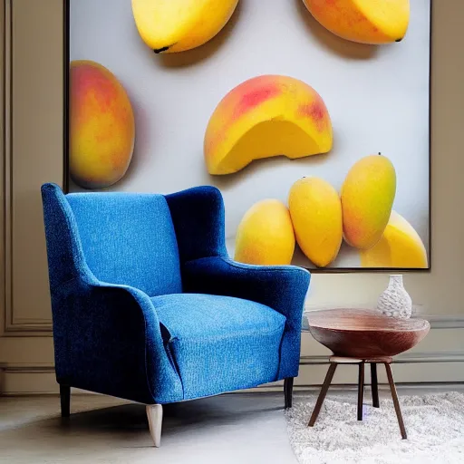 Prompt: a mango armchair highquality hyperrealistic commercial photograhy luxurious