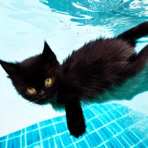 Prompt: black cute kitten schwimming in a pool, adorable, 8 k