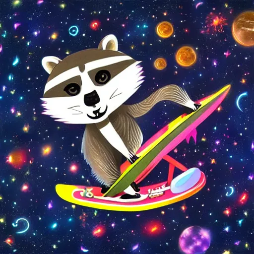 Prompt: raccoon skateboarding through the cosmos, highly detailed, colorful