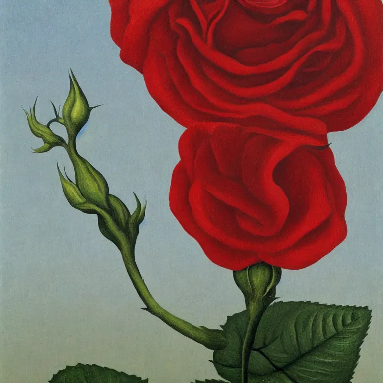 Image similar to portrait of a faceless rose flower - head man by rene magritte, detailed painting, distance, centered, hd, hq, high resolution, high detail, 4 k, 8 k