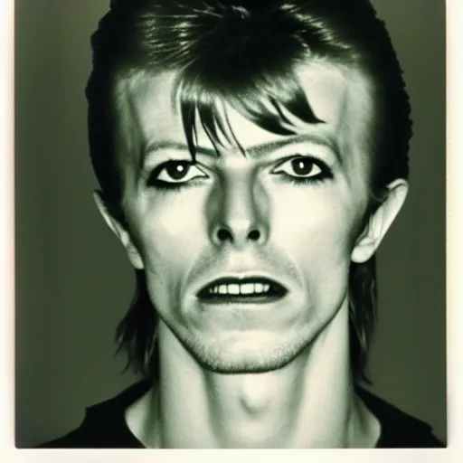 Image similar to Mugshot Portrait of Young David Bowie, taken in the 1970s, photo taken on a 1970s polaroid camera, grainy, real life, hyperrealistic, ultra realistic, realistic, highly detailed, epic, HD quality, 8k resolution, body and headshot, film still, front facing, front view, headshot and bodyshot, detailed face, very detailed face