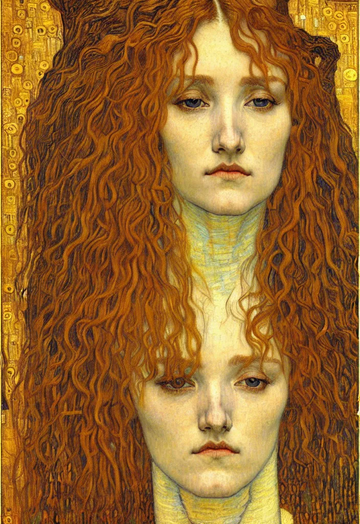 Image similar to detailed realistic beautiful young medieval queen face portrait by jean delville, gustav klimt and vincent van gogh, art nouveau, symbolist, visionary, gothic, pre - raphaelite, muted earthy colors, desaturated