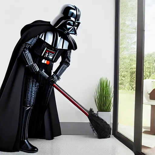 Image similar to Darth Vader vacuuming the house, photo realistic, award-winning, highly-detailed