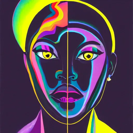 Image similar to a black woman with yellow eyes and a dark rainbow background, gouache painting by tomokazu matsuyama, by ed paschke, by agnes pelton, by patrick nagel, behance contest winner, generative art, irridescent, holography, neon, dark art, retrowave, grain, black background