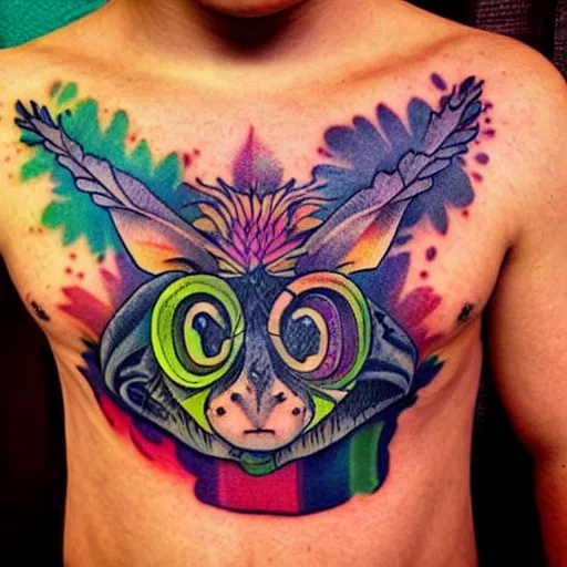 Image similar to shoulder tattoo of a multicolored psychedelic cute bush baby, eyes are colorful spirals, surrounded with colorful magic mushrooms and rainbowcolored marihuana leaves, insanely integrate