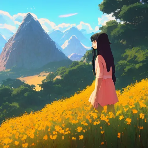 Image similar to one teen girl with long black hair and bangs, one teen boy with black hair, flower fields and mountains in the background, digital painting, artstation, highly detailed, by makoto shinkai and thomas kindle and James gilleard