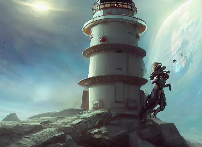 Prompt: a lighthouse in space, meteors, air shot, elegant, digital painting, concept art, smooth, sharp focus, illustration, from StarCraft by Ruan Jia and Mandy Jurgens and Artgerm and William-Adolphe Bouguerea