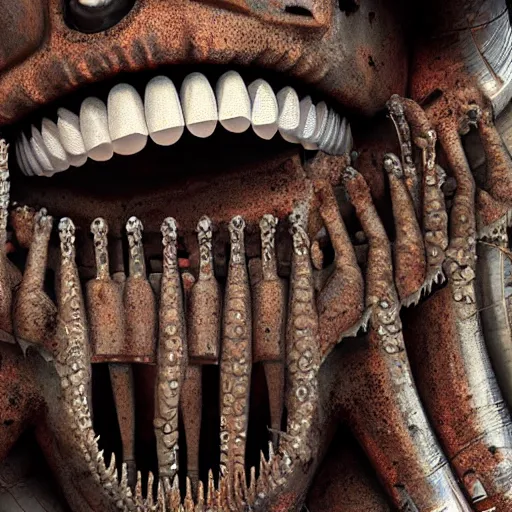 Prompt: a close up of an elongated machine made of teeth and raw meat rust, dental drills, in a factory, concept art by giger, cgsociety, assemblage, trypophobia, greeble, grotesque, biomechanical open mouth drilling giant teeth, industrial saliva