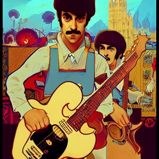 Image similar to Mario Bros playing the guitar with the Beatles Band, intricate, elegant, highly detailed, digital painting, artstation, concept art, matte, illustration, art by Artgerm and Greg Rutkowski and Alphonse Mucha, Simon Stalenhag, hyperreal