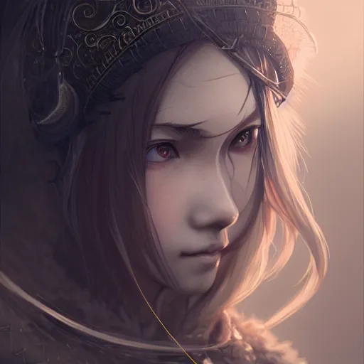 Image similar to beautiful extremely detailed intricate concept art depicting an archer by wlop. semi - realism. anime face. shining jewelry. grey atmosphere. particles in the background. bcy. net