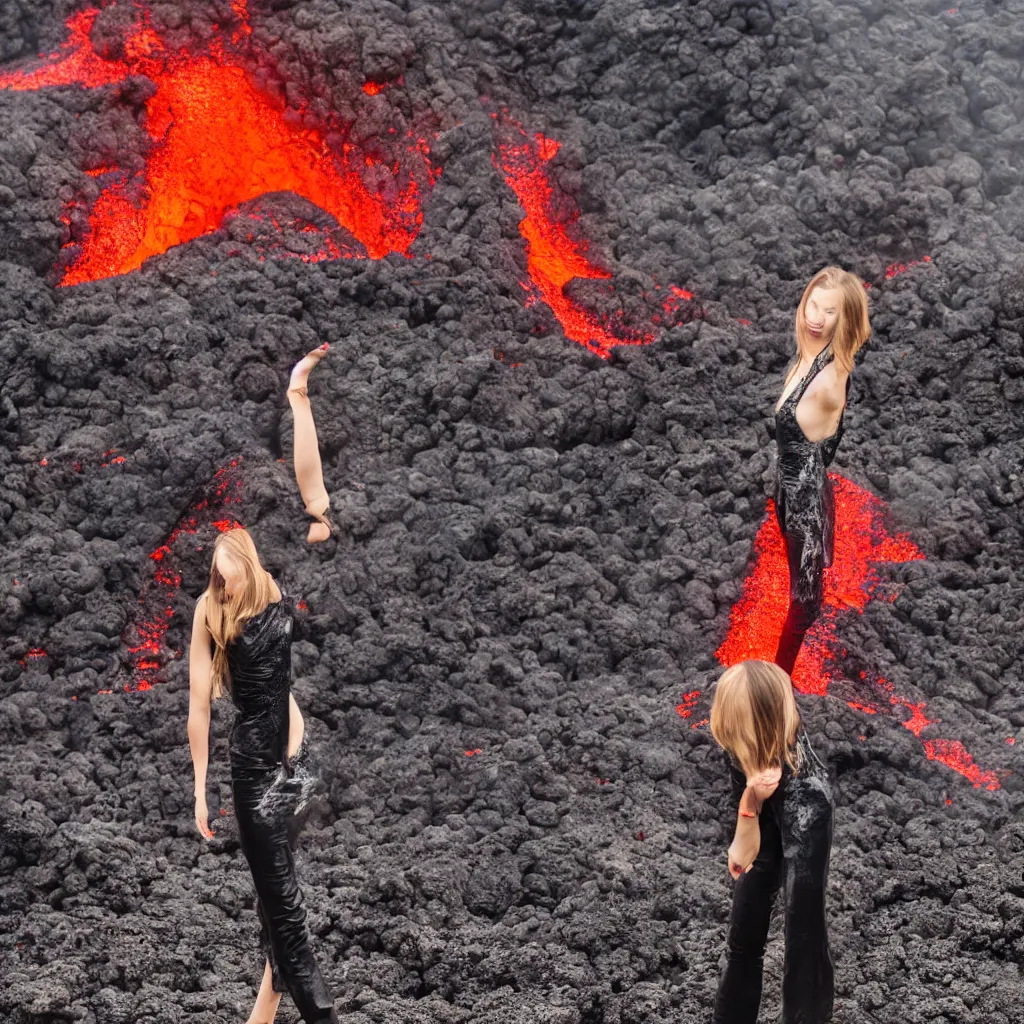 Prompt: fashion portrait in volcano lava eruption.