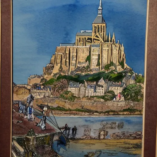 Prompt: watercolour painting of mont - saint - michel by john blanche, michael kirkbride, high detail, very intricate, vertcial lines, watercolour on paper, ink outlines