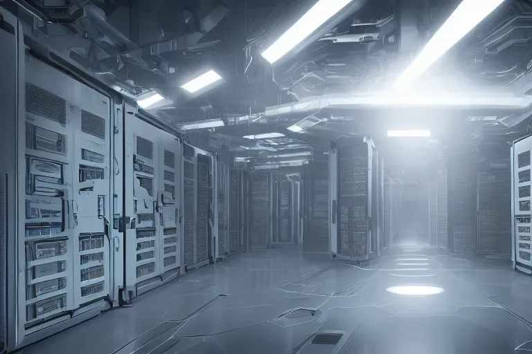 Image similar to parallax datacenter server room interior single mono colossus white rusty android guest robosaurus pacing artstation cinematic detailed concept art volumetric light sharp coherent cgsociety symmetric perfect well balanced shadows lotr hardware