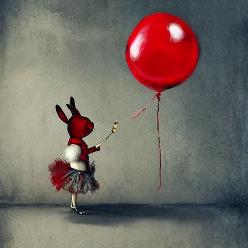 Image similar to surrealism grunge cartoon painting of a cartoon bunny and a red balloon by - michal karcz, loony toons style, pennywise style, horror theme, detailed, elegant, intricate