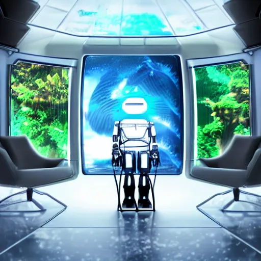 Prompt: Stunning image taken from behind a futuristic humanoid robot sitting on a chair in a modern home facing a large glass tank filled with alien fauna fish, digital art