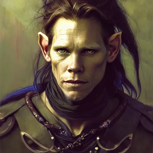 Image similar to highly detailed portrait of a poor thief in the form of a beautiful male elf, d & d. art by donato giancola, eugene delacroix, ruan jia, carl larsson, peter mohrbacher. trending on artstation, intricate details, energetic composition, concept art, illustration, elegant art, global illuminaition, face of kevin bacon