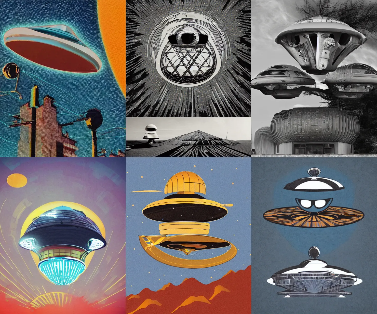 Prompt: retro-futurism style-art deco- UFO above house