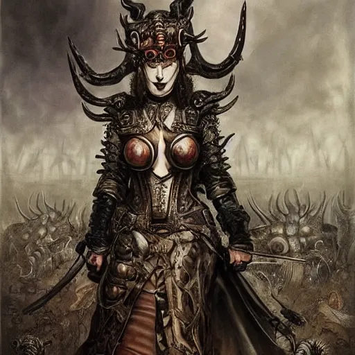 Prompt: a hyperrealistic portrait painting of a beautiful woman with demonic horns wearing steampunk goggles and ornate leather armor, walking into battle against an immense demonic army, by santiago caruso, highly detailed,