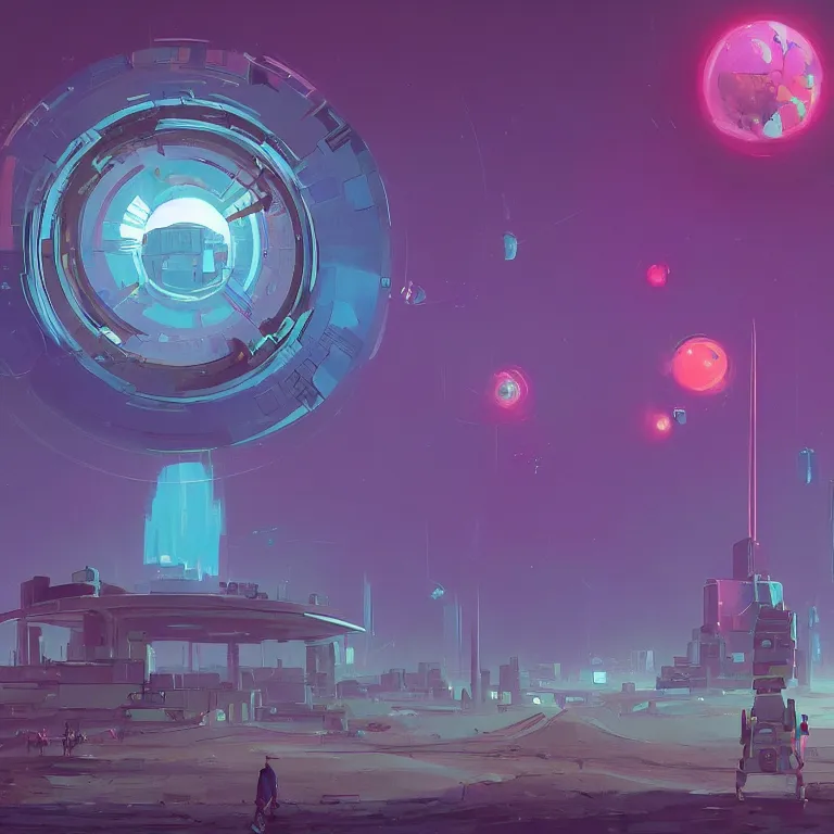 Image similar to a circle!! portal!!! structure floating in space!!, cyberpunk, epic surrealism, indigo, purple, cyan, detailed digital matte painting in the style of simon stalenhag and painting by ralph mcquarrie