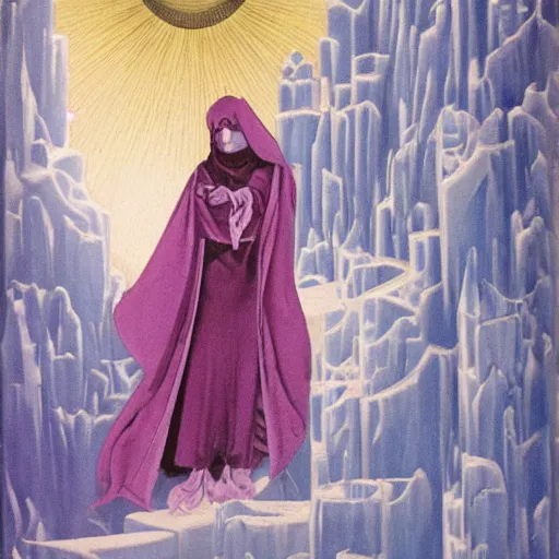 Image similar to a cloaked mage casting a magic spell from her hand toward an ice castle, art nouveau