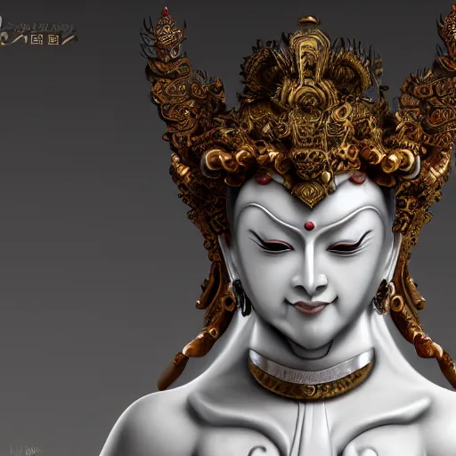 Image similar to naraka buddhist demon korean female, highly detailed, symmetrical long head, golden amber eyes, smooth marble surfaces, detailed ink illustration, raiden metal gear, cinematic smooth stone, deep aesthetic, concept art, post process, 4 k, carved marble texture and silk cloth, latex skin, highly ornate intricate details, in the style of 8 8 grzes