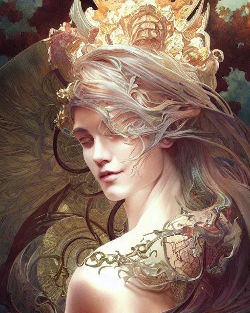 Image similar to portrait of a transcendental creature, d & d, fantasy, intricate, elegant, highly detailed, digital painting, artstation, concept art, smooth, sharp focus, illustration, art by artgerm and greg rutkowski and alphonse mucha