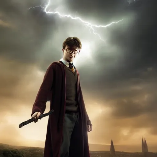 Prompt: Harry potter standing and holding a short wand, yellow light spell, side view, daniel radcliffe, thunderclouds, cinematic shot, wide shot, epic scale, photorealistic detail and quality, intricate cobblestone, magical particle effects, movie still, nighttime, crescent moon, sharp and clear, action shot, intense scene, visually coherent, symmetry, rule of thirds, movement, photorealistic colors, cool colors transitioning to warm colors, modest tone, award winning, directed by Steven Spielberg, Christopher Nolan, Tooth Wu, Asher Duran, artstation