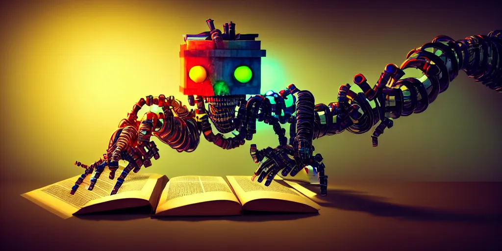 Image similar to A frightening multi armed evil robot devouring books with pipes and tubes and pages floating down, hyperealistic very colourful hdr cinematic lighting cgi render photorealistic cinematic octane render