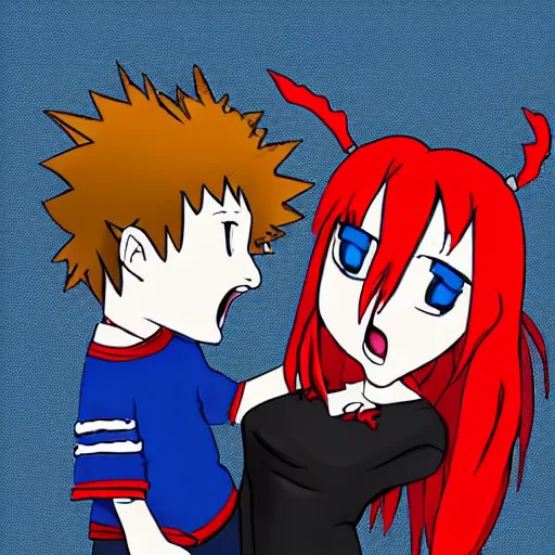 Prompt: “ red haired vampire maid yells at blue godzilla wearing a propeller hat anime artstyle ”