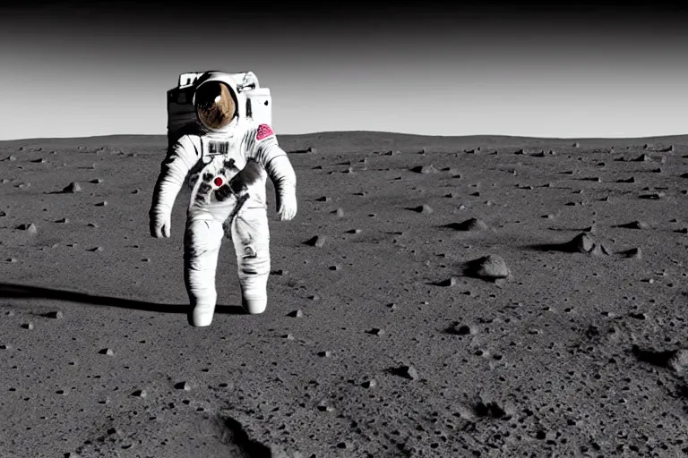 Image similar to still photo of astronaut in a space suit walking on the surface of moon, black and white color aesthetics, highly detailed, photorealistic portrait, bright studio setting, studio lighting, crisp quality and light reflections, unreal engine 5 quality render