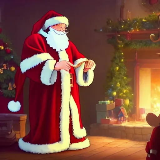 Image similar to a wholesome animation key shot of santa claus giving presents, medium shot, studio ghibli, pixar and disney animation, sharp, very detailed, high resolution, rendered in unreal engine 5, anime key art by greg rutkowski, bloom, dramatic lighting