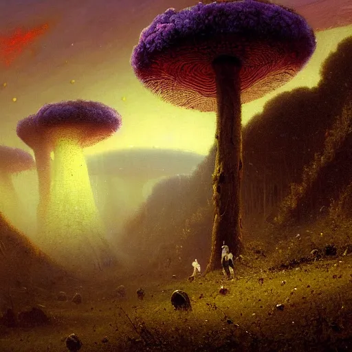 Image similar to A lovely picture of an alien landscape with mycelium aliens by John Berkey, by George Inness, by john Harris, forest made out of mushroom, purple and red and white gradient colour theme, trending on DeviantArt, rendered in blender, 8k resolution, Mountains, no green